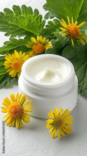 Semi close-up of herbal muscle relief cream with fresh arnica flowers, more clarity with clear light and sharp focus, high detailed