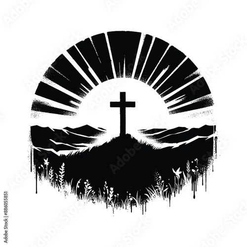 Easter Sunrise, Capture the cross silhouetted against a sunrise, in flat illustration