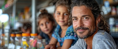 A crafty collage of fathers and children doing a craft workshop, filled with colorful supplies and creativity, Image Background