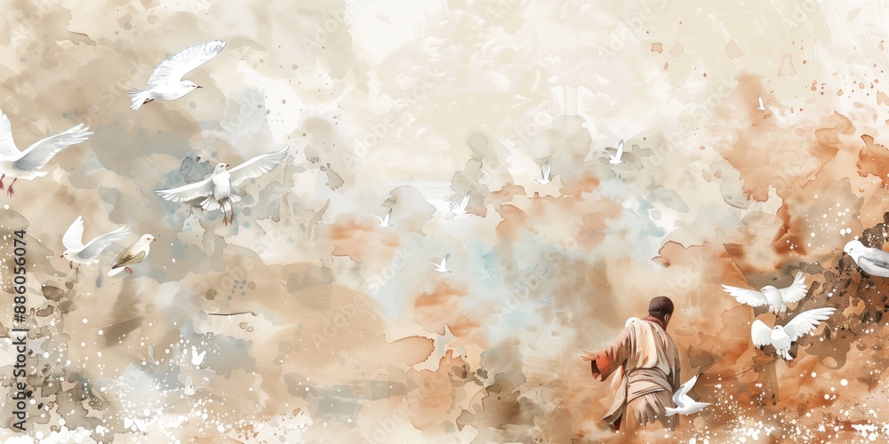 Solitary figure walks towards right side of frame. Brown robe, white bag suggest journey or exploration. Earthy tones create tranquil atmosphere. Birds in flight add dynamic element to serene scene. Solitary figure walks towards right side of frame. Brown robe, white bag suggest journey or exploration. Earthy tones create tranquil atmosphere. Birds in flight add dynamic element to serene scene.