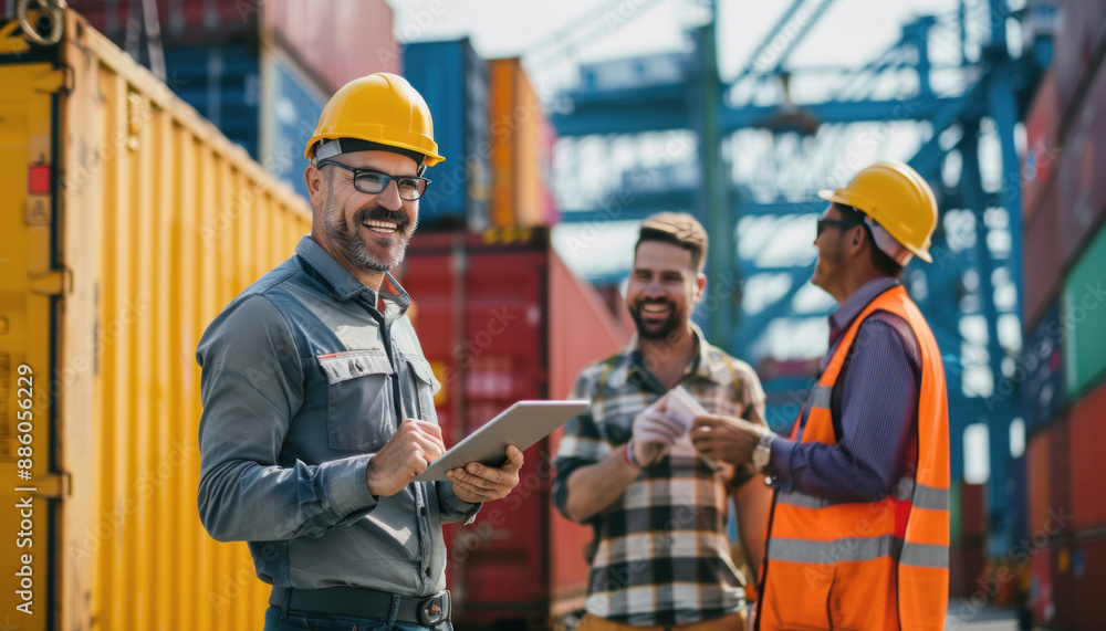 Engineers in warehouse wearing hard hats, workwear, gear, one smiling ready for tasks Engineers in warehouse wearing hard hats, workwear, gear, one smiling ready for tasks