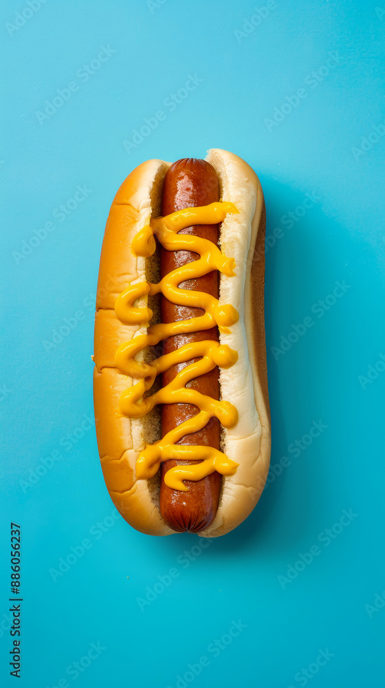 Hot dog with mustard on a vibrant blue background. The image emphasizes simplicity and classic American fast food. Hot dog with mustard on a vibrant blue background. The image emphasizes simplicity and classic American fast food.