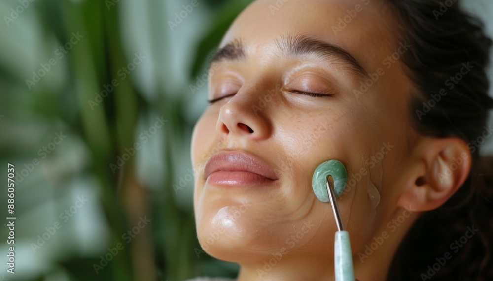 Woman receiving a jade roller facial massage, spa healthy skin, traditional beauty techniques Woman receiving a jade roller facial massage, spa healthy skin, traditional beauty techniques