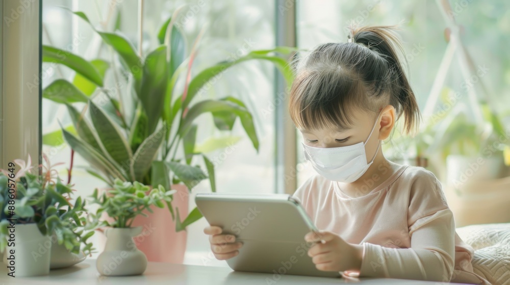 Sick Asian child playing quietly with a tablet, Virus in children, Distraction during illness Sick Asian child playing quietly with a tablet, Virus in children, Distraction during illness
