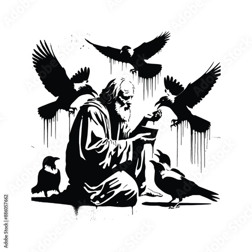 Elijah and the Ravens, Show Elijah being fed by ravens during a drought, in flat illustration