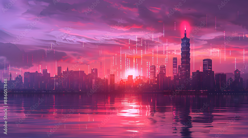 A concept of a modern city with digital networks A concept of a modern city with digital networks