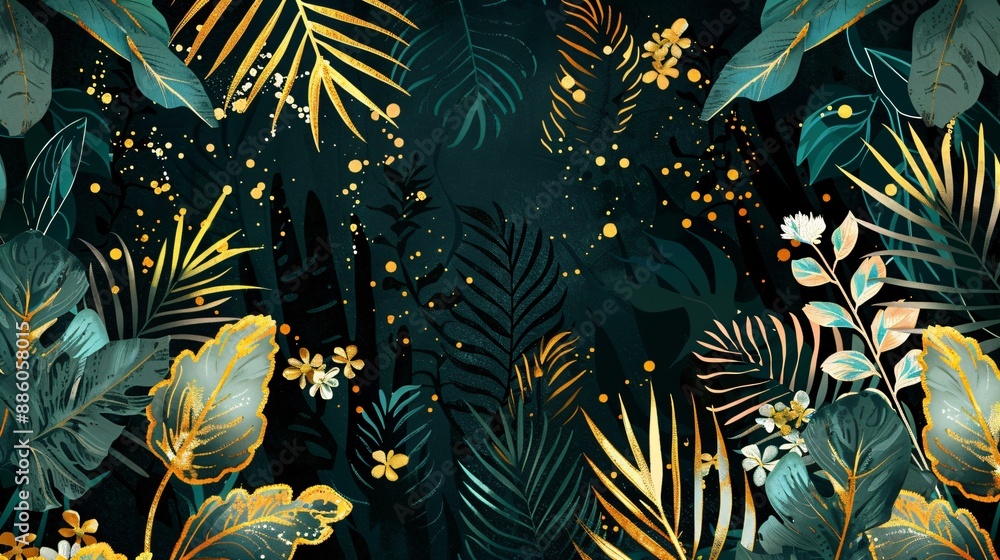 Bold illustration of tropical flora with metallic gold and silver accents on a dark background