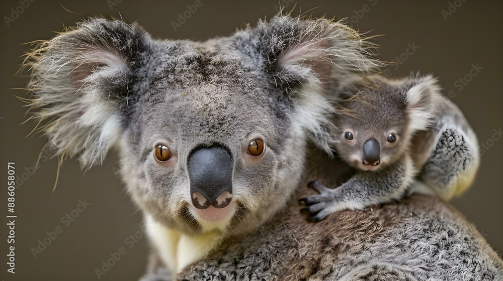 Mother koala with baby on her back Mother koala with baby on her back