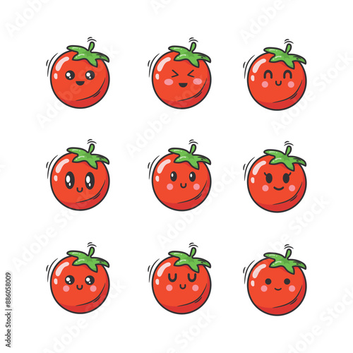 Set of kawaii tomatoes with different emotions. Vector illustration.