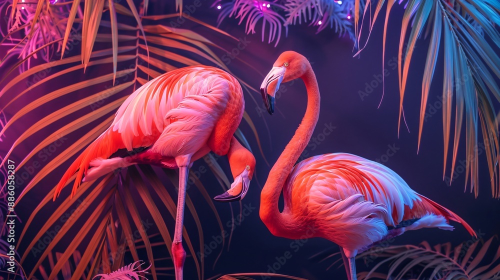 Fototapeta premium Elegant flamingos set against a neon-colored palm tree background, creating a lively and modern tropical vibe