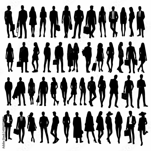 silhouettes of men and a women, a group of standing business people, black color isolated on white background vector and white