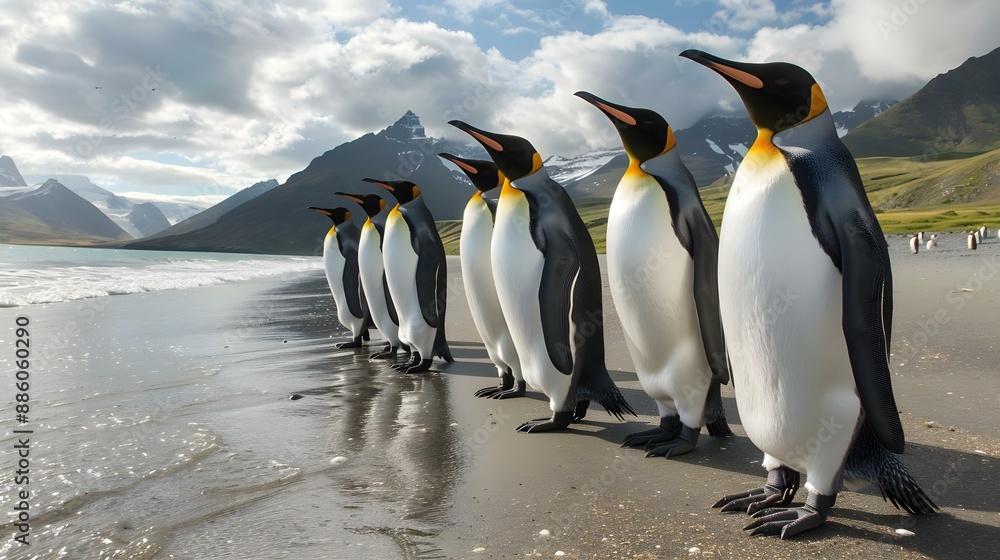 Fototapeta premium King penguins walking on the beach at St. Andrews