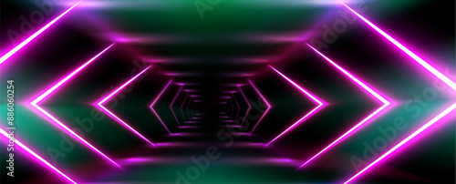 Dark perspective corridor background with bright pink neon glowing arrow shapes. Realistic 3d vector illustration of casino hall or runway stage with luminous led lamps. Futuristic night hallway.