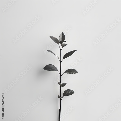 Black and white illustration of a plant with intricate leaves and delicate stem on a white background photo