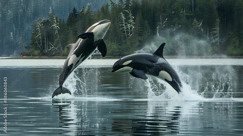Obraz premium Pair of killer whales leaping in Canada
