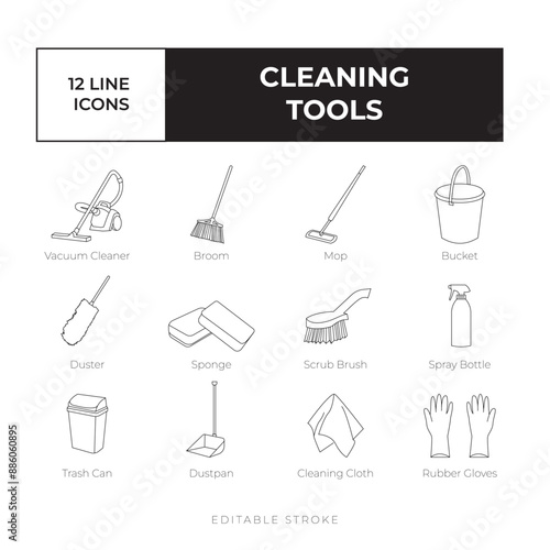 Cleaning tools line icon set vector simple, black and white vector icon bundle isometric