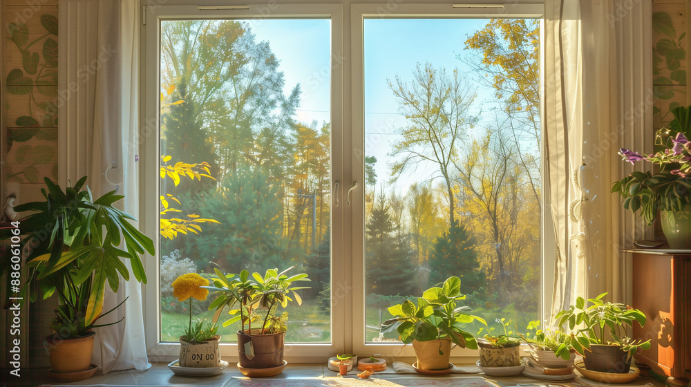 window with flowers in the morning window with flowers in the morning