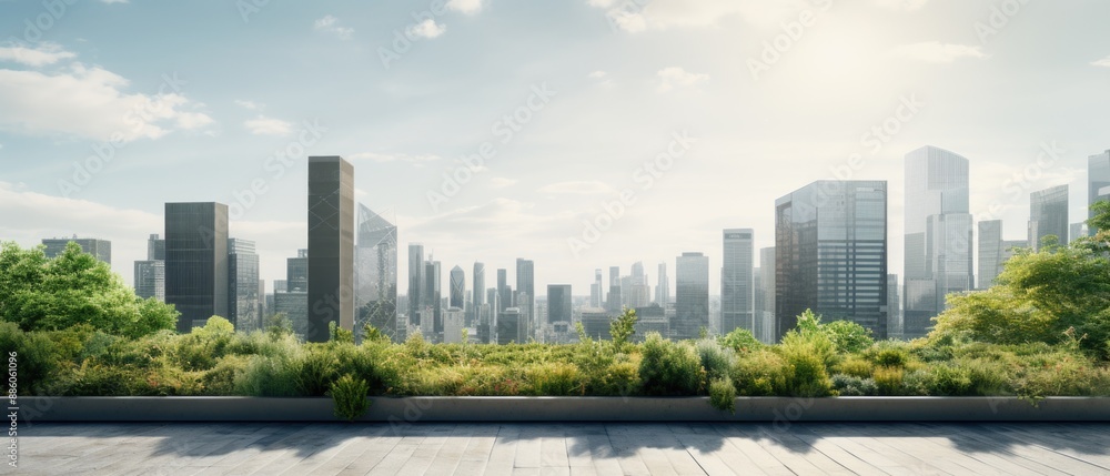 Obraz premium Futuristic Blank Billboard Mockup on Tiered Office Building with Green Roofs in Financial District