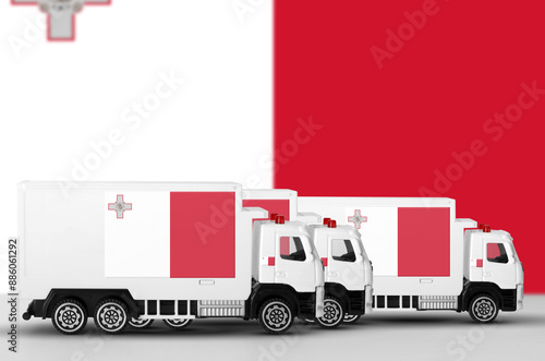 Malta flag depicted on side wall of white delivery van close up. Shipping and local delivery concept photo