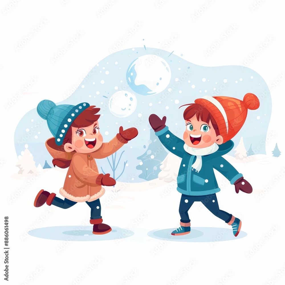 Naklejka premium Two children are playing in the snow, one of them is holding a snow ball