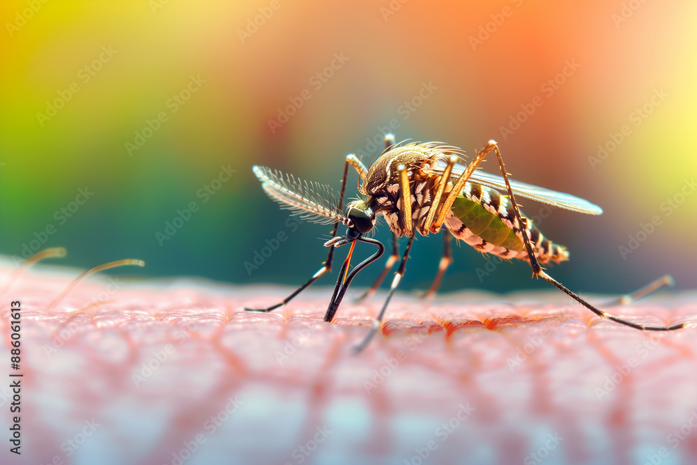 A mosquito on skin with blurry background. Generative AI A mosquito on skin with blurry background. Generative AI