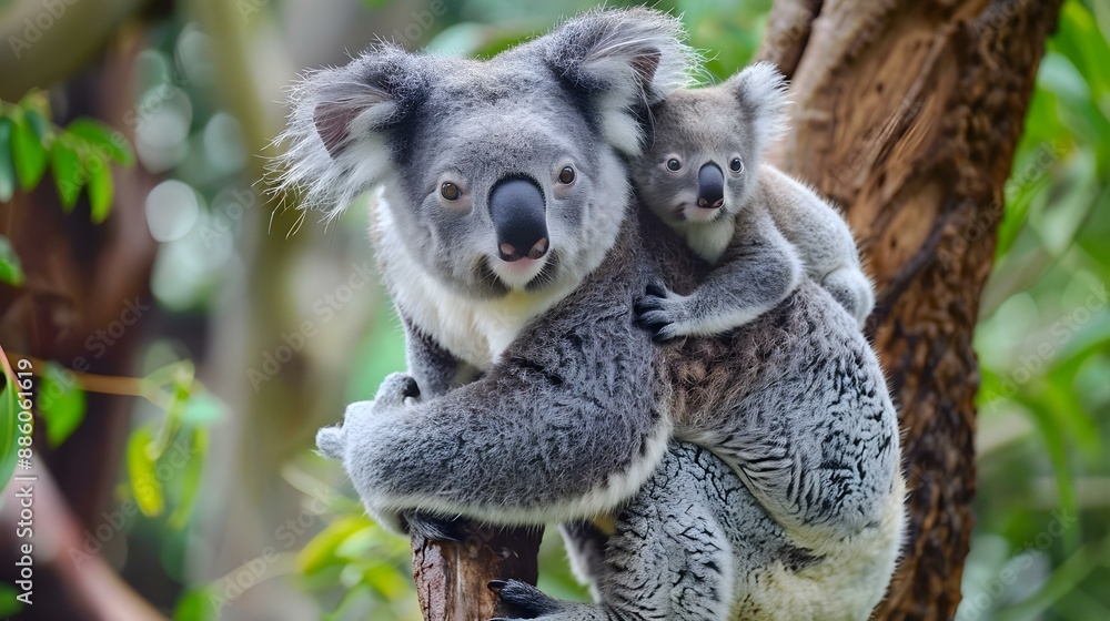 Fototapeta premium Mother koala with baby on her back
