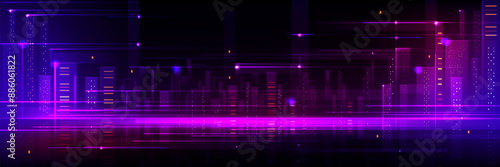 Purple tech city background. Abstract building bg. Smart futuristic neon cityscape design. Urban architecture with speed energy for metaverse or hologram panorama. Modern skyscraper network at night