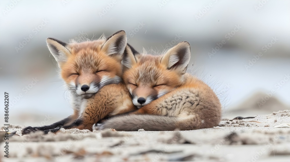 Wild baby red foxes cuddling at the beach Wild baby red foxes cuddling at the beach