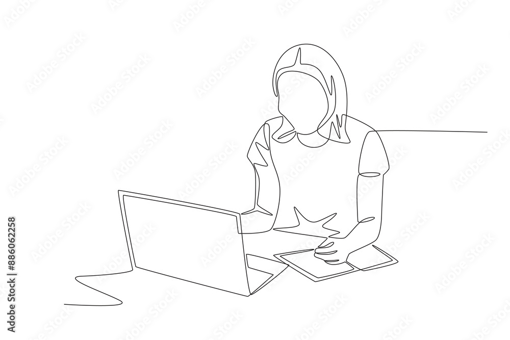 A woman who pays attention to lessons. Online education concept one-line drawing A woman who pays attention to lessons. Online education concept one-line drawing