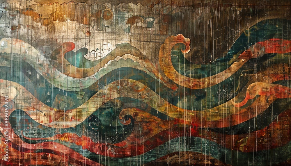 Obraz premium An abstract painting of colorful waves crashing against a rocky coast. The painting is full of vibrant colors and energy, and it captures the beauty and power of the ocean.