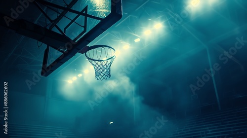 The basketball hoop is illuminated by the bright lights of the arena photo