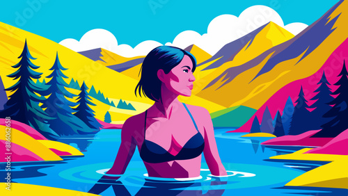 A woman in a bikini in a mountain river.Surprise in the mountain stream.Bright vector: swimming in the mountains.Refreshing swim: A woman in a black bikini in a mountain river.Vector illustration: the