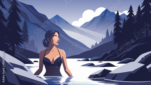 A woman in a bikini in a mountain river.Surprise in the mountain stream.Bright vector: swimming in the mountains.Refreshing swim: A woman in a black bikini in a mountain river.Vector illustration: the