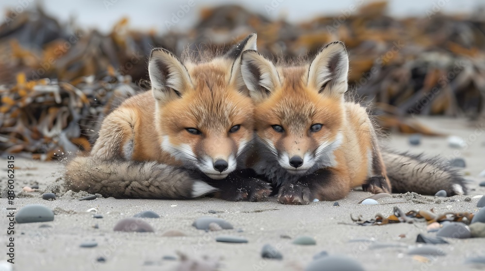 Wild baby red foxes cuddling at the beach Wild baby red foxes cuddling at the beach