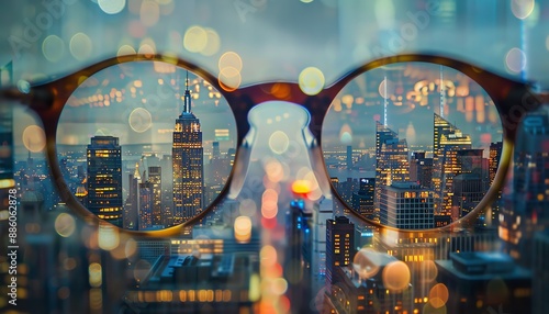 Glasses with a view of the city. photo