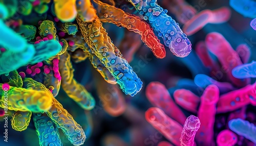 An illustration of a a microscopic view of a group of multi-colored bacteria.