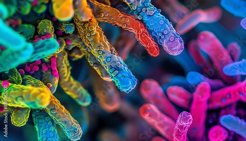 An illustration of a a microscopic view of a group of multi-colored bacteria. photo