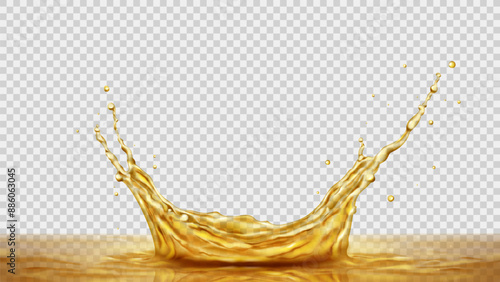 Realistic splash of oil or juice. Vector illustration with splash of olive or sunflower oil, juice, honey, soda, beer, yellow water. Mockup for food advertisement isolated on checkered background.