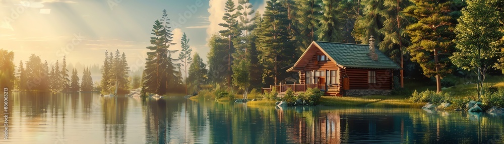 Obraz premium Generate a professional high quality image of a beautiful lakeside log cabin