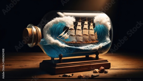 Ornate Ship in a Bottle with Heavy Ocean Waves Against Dark Background
 photo