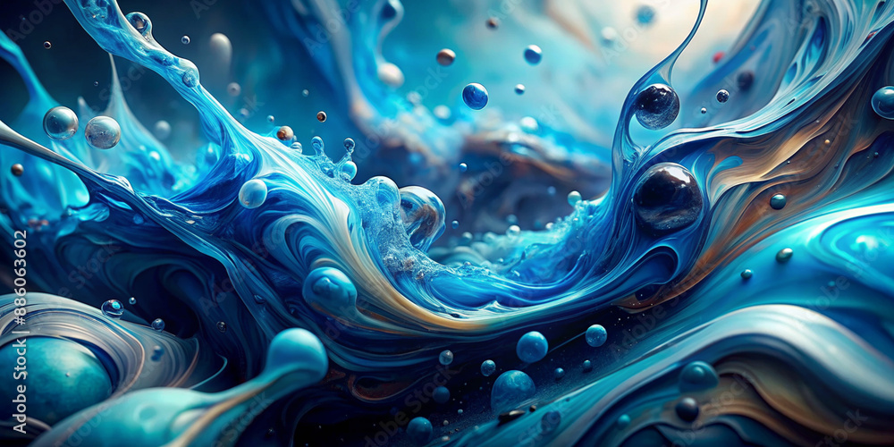 This image presents an abstract art piece featuring a fluid, grunge texture in shades of blue. The swirling patterns and dynamic movement evoke a sense of energy and motion