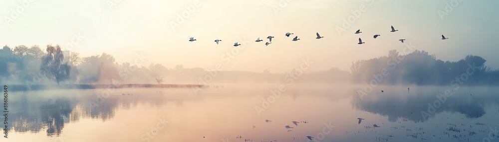 A beautiful misty lake at sunrise with a flock of geese flying overhead