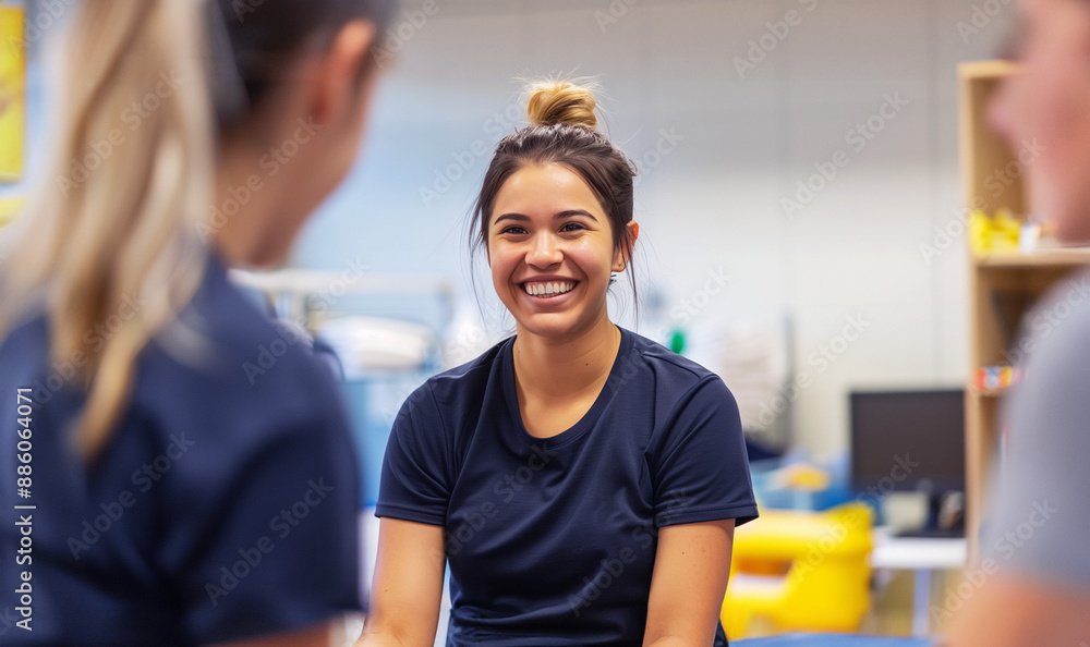 Physiotherapist coworkers chatting, Smiling Chiropractor chatting with her colleagues, Student talking with patients Physiotherapist coworkers chatting, Smiling Chiropractor chatting with her colleagues, Student talking with patients
