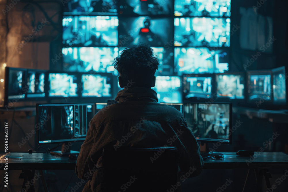 The man watching the surveillance screen The man watching the surveillance screen