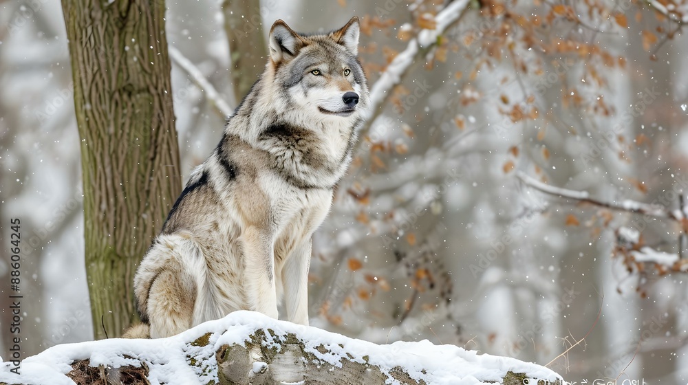 Naklejka premium Grey Wolf Canis lupus Between Trees Looks Up and to Right