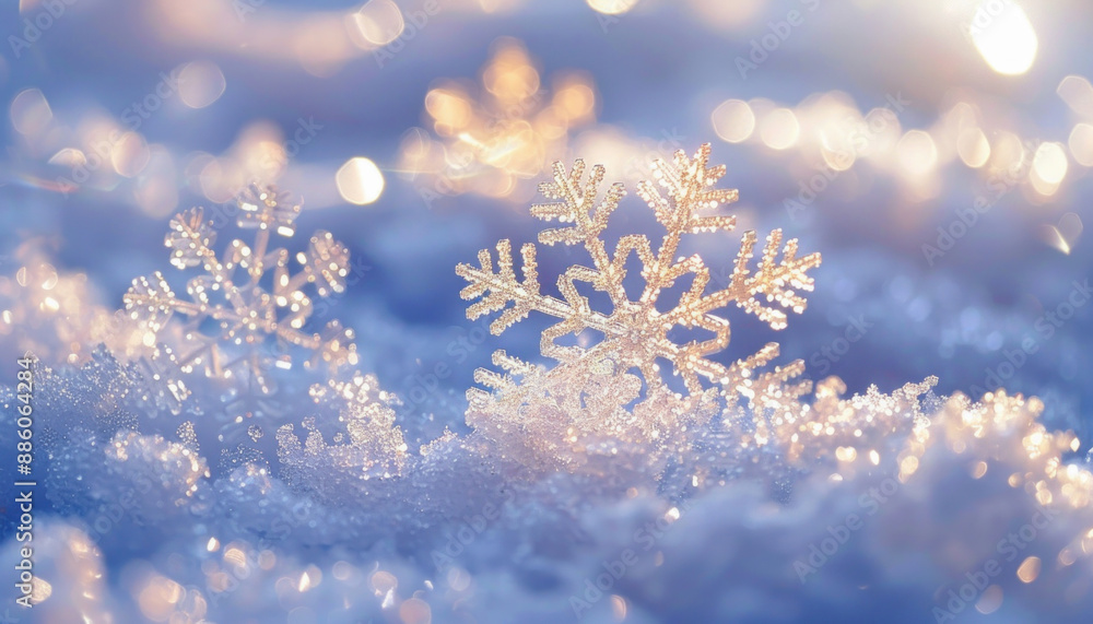 Two unique snowflakes in a wintery setting with natural landscape and freezing electric blue color Two unique snowflakes in a wintery setting with natural landscape and freezing electric blue color