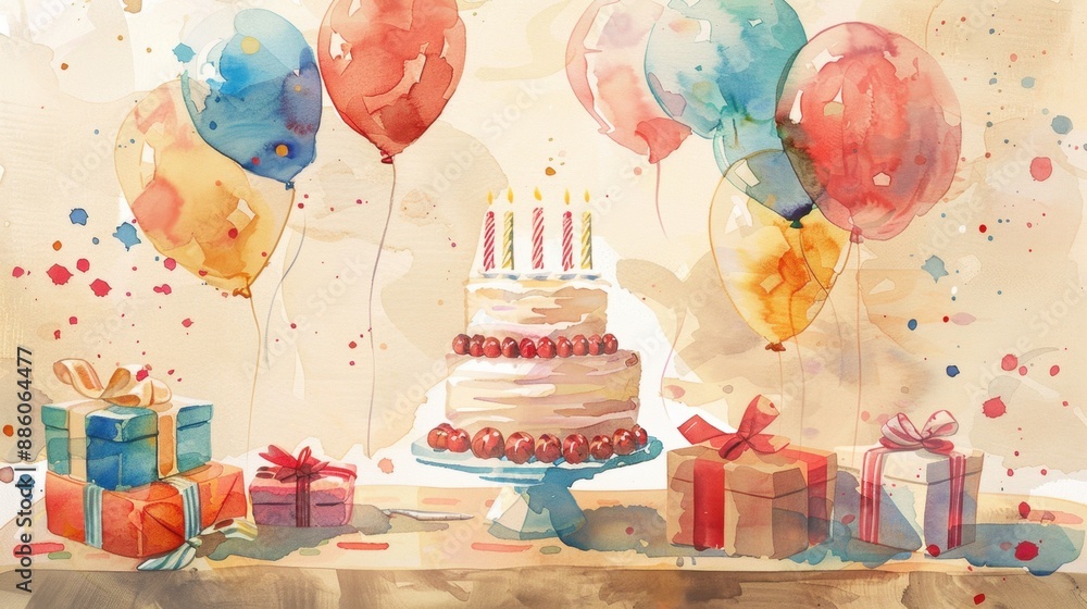 Birthday table, cake and presents, festive setting, watercolor style Birthday table, cake and presents, festive setting, watercolor style