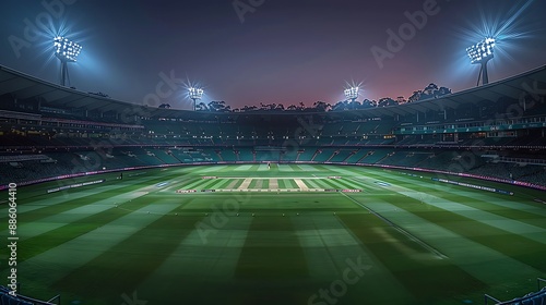 Panoramic view of a cricket stadium at night, lights casting a radiant glow across the field and stands. photo