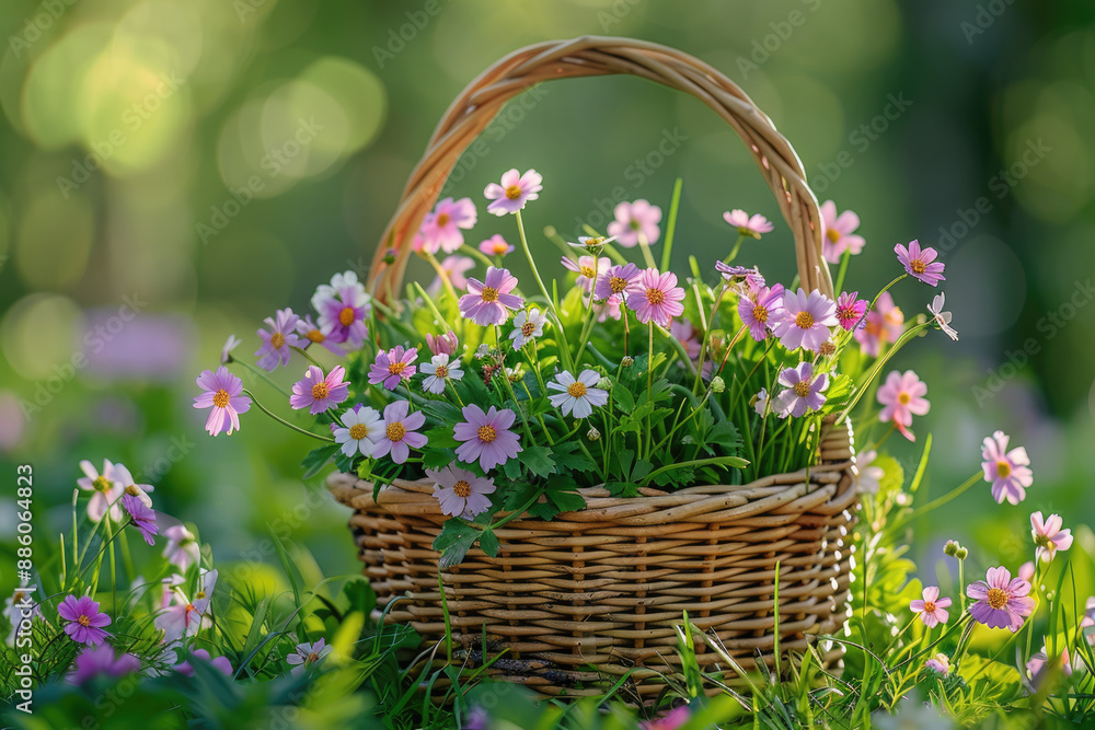The basket on the grass is filled with small flowers The basket on the grass is filled with small flowers
