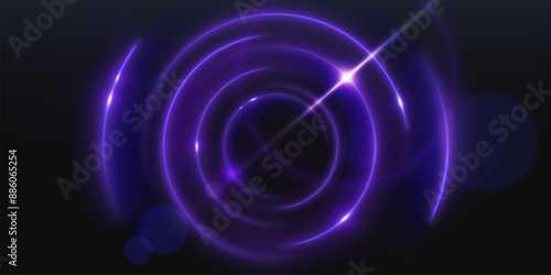 Abstract purple light flare sphere glow effect. Magic neon shine with circular glitter frame design. 3d orb portal with energy motion on curve. Electric shiny and glossy violet speed halo bg